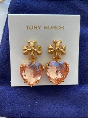 Tory Burch Gold Tone Earrings with Peach Heart Crystals